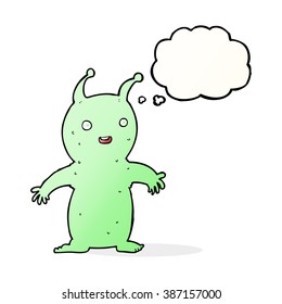 cartoon happy little alien with thought bubble