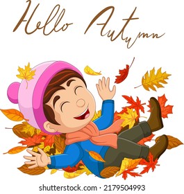 Cartoon happy little boy with autumn leaves