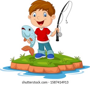 Cartoon happy little boy fishing