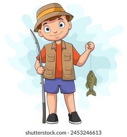 Cartoon happy little boy fishing