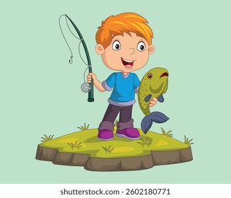 Cartoon happy little boy fishing vector illustration