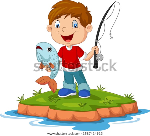 Cartoon Happy Little Boy Fishing Stock Vector (Royalty Free) 1587414913 ...