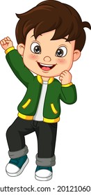 Cartoon happy little boy in green jacket