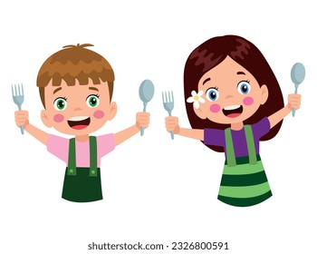 Cartoon happy little boy holding a spoon and fork