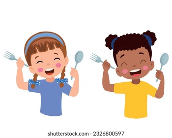 Cartoon happy little boy holding a spoon and fork