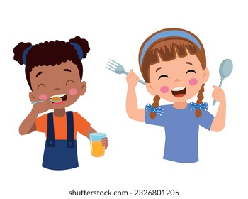 Cartoon happy little boy holding a spoon and fork