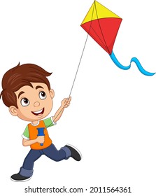 Cartoon happy little boy playing a kite