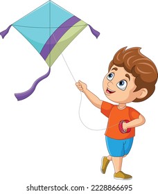 Cartoon happy little boy playing a kite