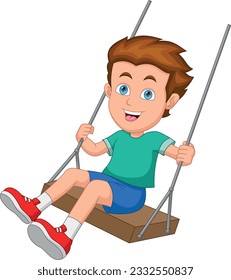 cartoon happy little boy playing the swing