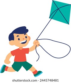 Cartoon happy little boy playing kite flat art vector illustration