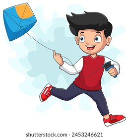 Cartoon happy little boy playing a kite