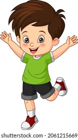 Cartoon happy little boy raising hands
