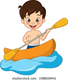 Cartoon happy little boy rowing a boat