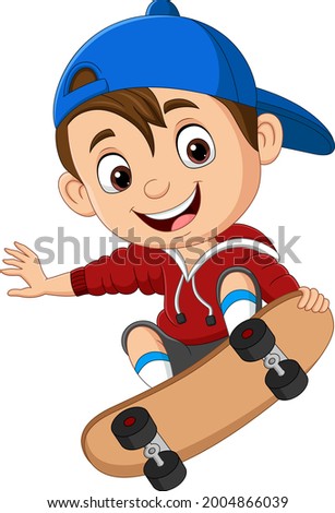 Cartoon happy little boy skateboarding