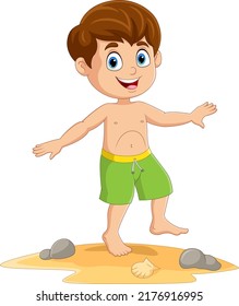 Cartoon happy little boy in swimsuit on beach posing