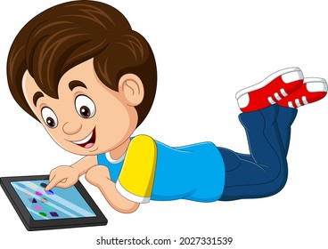 Cartoon happy little boy using tablet