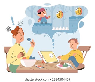 Cartoon happy little boy using tablet, child watching smartphone while eating at kitchen at home. Irritated mom is nervous that kid is distracted during feeding and spends too much time with gadgets