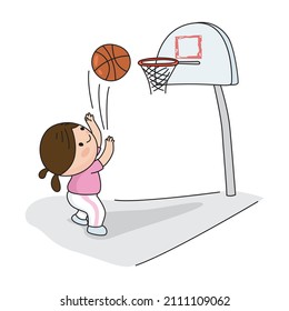 Cartoon happy little cute girl playing basketball, illustrator vector cartoon drawing
