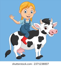 Cartoon happy little girl riding cow vector design illustration