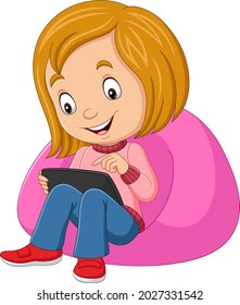 Cartoon happy little girl using tablet on sofa