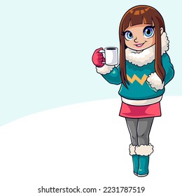 Cartoon of happy little girl in winter clothes holding a glass of coffee