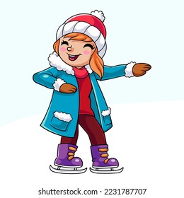Cartoon happy little girl in winter clothes playing ice skates