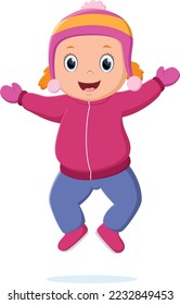 Cartoon happy little girl in winter clothes