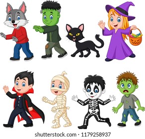 Cartoon happy little kids with Halloween costume