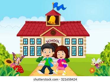 Cartoon happy little kids on school building background 