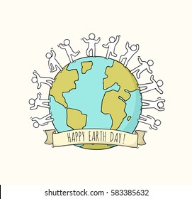 Cartoon happy little people around the world. Doodle cute miniature scene of workers about Earth Day. Hand drawn vector illustration.