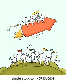 Cartoon happy little people with arrow like rocket. Doodle cute miniature scene of workers and start up concept. Hand drawn vector illustration for business design.