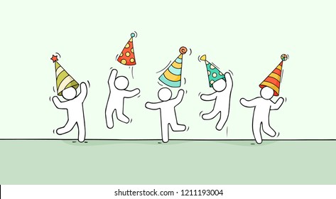 Cartoon happy little people. Doodle cute miniature scene of workers preparing for celebration. Hand drawn cartoon vector illustration.