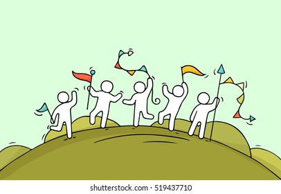 Cartoon happy little people with garlands and flags. Doodle cute miniature scene of workers preparing for celebration. Hand drawn cartoon vector illustration