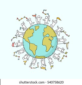 Cartoon happy little people with garlands and flags around the world. Doodle cute miniature scene of workers about unity and planet. Hand drawn cartoon vector illustration.