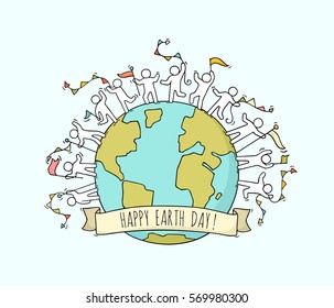 Cartoon happy little people with garlands and flags around the world. Doodle cute miniature scene of workers about Earth Day. Hand drawn cartoon vector illustration.