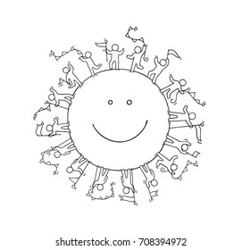 Cartoon happy little people with garlands and flags around the smile. Doodle cute miniature scene of workers about unity. Hand drawn cartoon vector illustration.