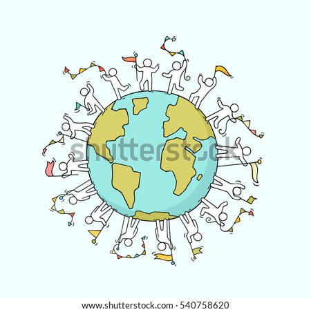 Cartoon happy little people with garlands and flags around the world. Doodle cute miniature scene of workers about unity and planet. Hand drawn cartoon vector illustration.