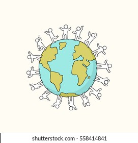 Cartoon happy little people standing around the world. Doodle cute miniature scene about unity and planet. Hand drawn vector illustration