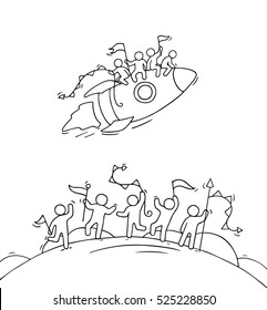 Cartoon happy little people with starting rocket. Doodle cute miniature scene of workers and spaceship. Hand drawn vector illustration