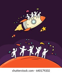 Cartoon happy little people with starting rocket. Doodle cute miniature scene of workers and science concept. Hand drawn vector illustration for cosmic design.