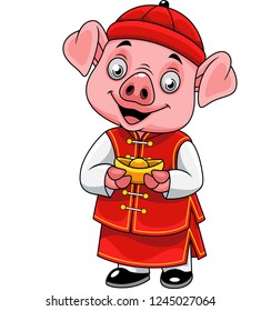Cartoon happy little pig with traditional Chinese costume holding golden ingot