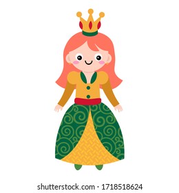 Cartoon happy little princess in flat style isolated on white background. Vector illustration.   