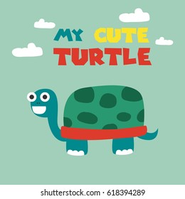 Cartoon Happy Little Turtle Vector Illustration