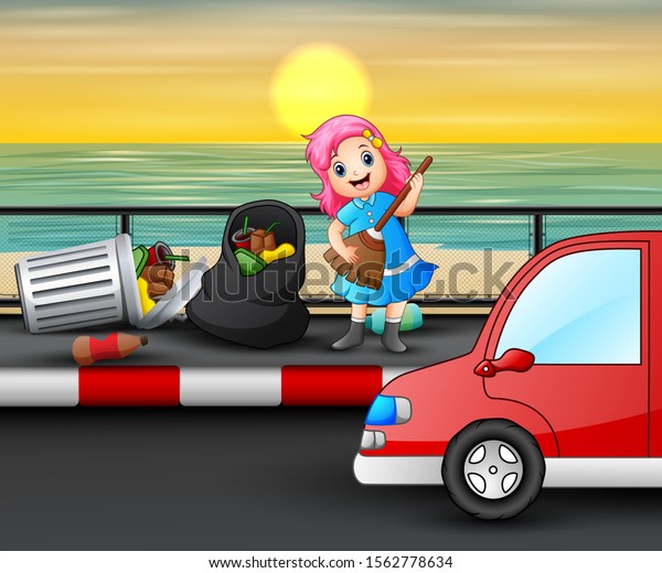 Cartoon happy\
litttle girl cleaning the\
road