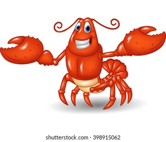 Cartoon happy lobster hands up isolated on white background