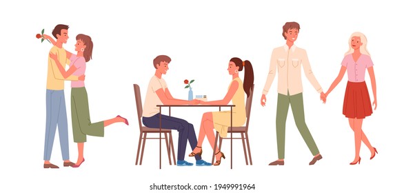 Cartoon happy loving pairs of men women characters sitting at table in cafe together and holding hands, romantic datings and love scenes isolated set. Couple people meet on date vector illustration.