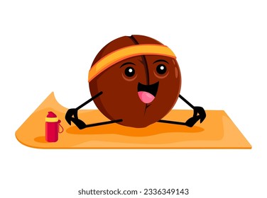 Caricatura alegre personaje de nogal macadamia en el deporte de yoga fitness. Personaje de semilla marrón vectorial sentado en la alfombra haciendo ejercicios de estiramiento. Estilo de vida saludable, alimentos con proteínas vitaminas o entrenamiento del núcleo