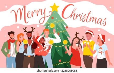 Cartoon happy male and female characters celebrate together, friends standing near festive Christmas tree and drinking champagne from glasses. Merry Christmas, greeting card vector illustration