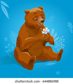 Cartoon happy Mammy bear with flower. Spring mood