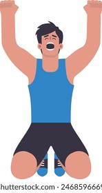 Cartoon happy man, athlete sitting on the ground with hands raised in celebration, flat vector illustration, wearing blue tank top. 